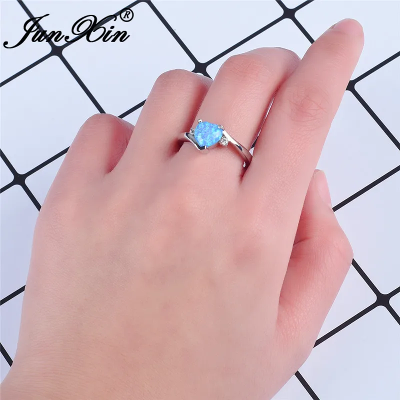 JUNXIN Rainbow Zircon Heart Rings For Women White Gold/Black Gold Filled Purple Blue White Blue Fire Opal Ring Female Wedding CZ