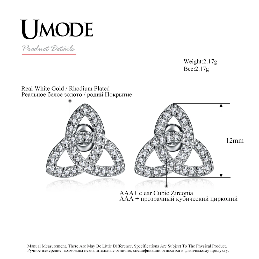 UMODE Fashion Austrian Rhinestone Triquetra Stud Earrings for Women White Gold Color Trinity Knot Pendientes Mujer Moda AUE0324