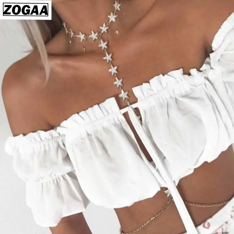 

ZOGAA Crop Tops Women 2019 Spring Summer Lantern Sleeve Sexy Strapless Beach Tops Plus Size Ruched Top Blouse Sexy women shirts
