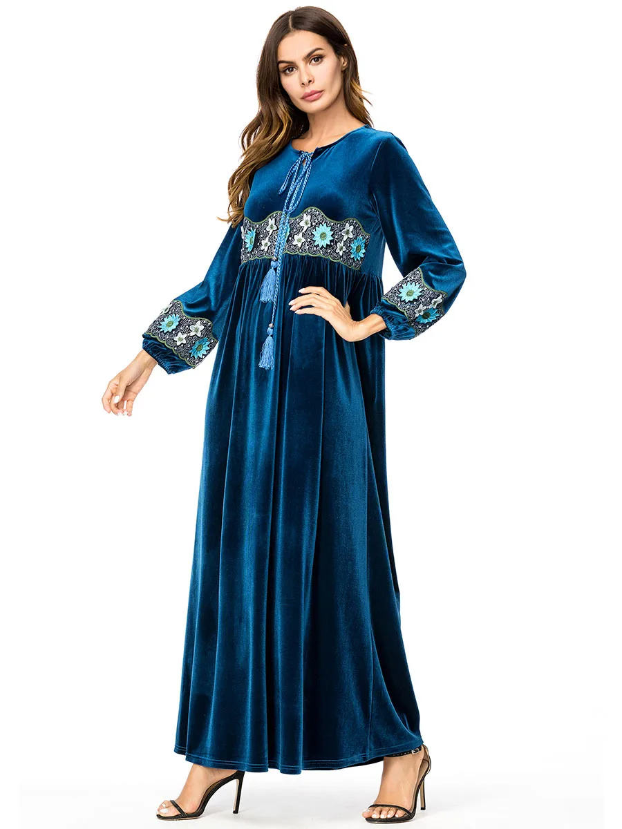 Бархатное мусульманское платье размера плюс Дубай Abayas для женщин вышивка кисточкой синие макси платья с длинным рукавом турецкий исламский халат одежда