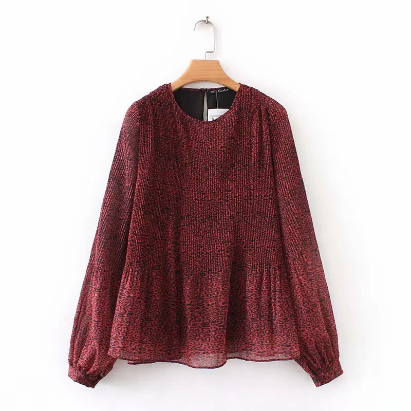 

2019 women vintage double layer leopard print press pleated chiffon blouse shirts women casual chic blusas femininas tops LS2913