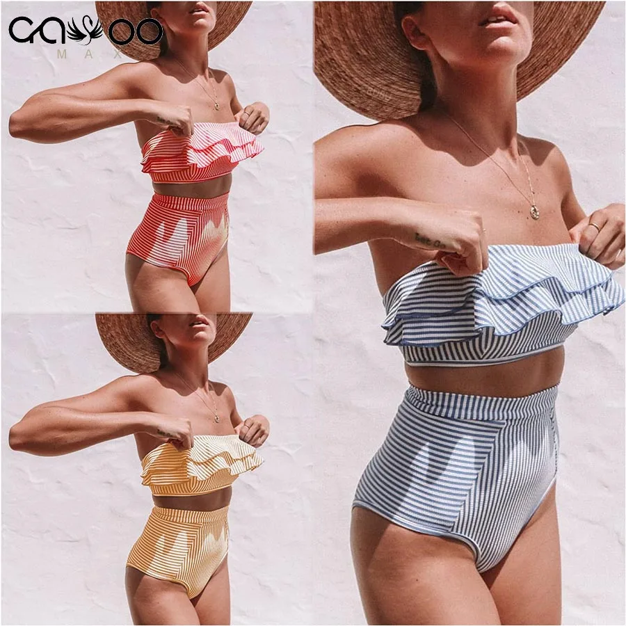 

2019 Two-piece Ladies Swimsuit Anime Yellow Stripes Bikini Set Ruffled Swimwear high waist Swim Wear bikini