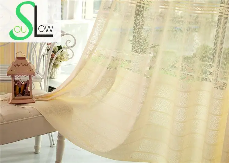 Slow Soul amarillo Europa América Encaje hueco decoración cortina floral Cortinas tulle para sala cocina dormitorio