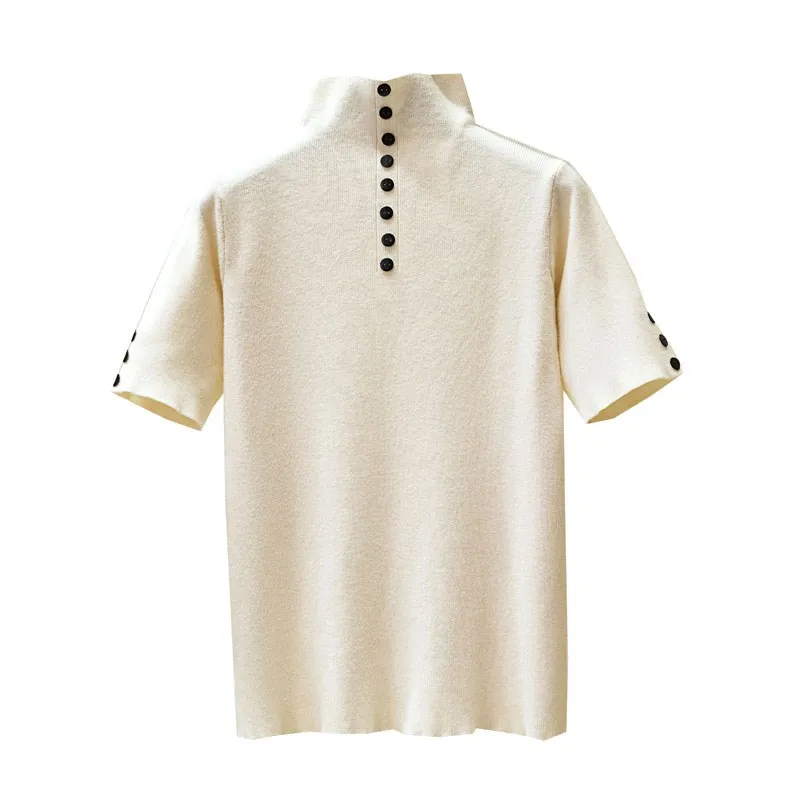 

Spring Autumn New Style Slim Knit Short Sleeve Sweater Half Sleeve Base Turtleneck Sweater Women Thin Pullover RE2522