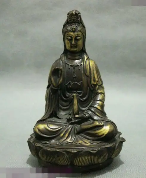 

S6850 7" Chinese Buddhism Bronze GuanYin Kwan-yin Goddess Buddha Vase Lotus Set Statue D0318