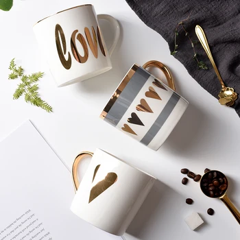 

Outline in gold Ceramic coffee cup for breakfast cup Valentine's Day gift
