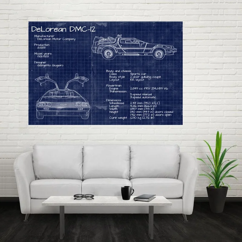 

Back To The Future Movie DeLorean Blueprint Art Canvas Poster Home Decor Dropshipping