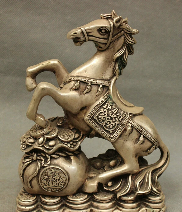 

8" Chinese Silver FengShui Animlas Zodiac Horse Statue On Treasure bowl Coin Bag