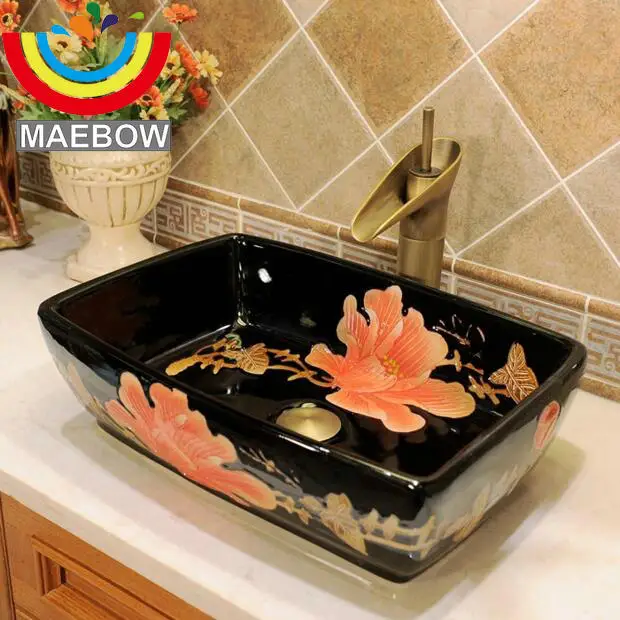 

Handmade Artistic Black Porcelain Rectangular Countertop Bathroom Sink Washbasin Ceramic Bathroom Sink