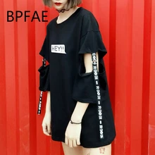 Летняя новая Женская Harajuku с буквенным принтом ленты с узором отверстие рукав o-образным вырезом футболка корейский стиль хип хоп топ футболки Femme плюс размер