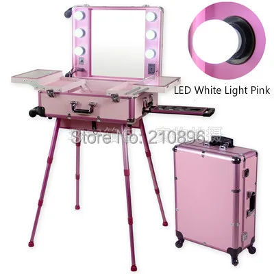 Светодиодный, белый светильник, розовый, профессиональный алюминиевый чехол для макияжа, светильник на колесиках с зеркалом, косметический светильник для станции для макияжа, коробка для макияжа