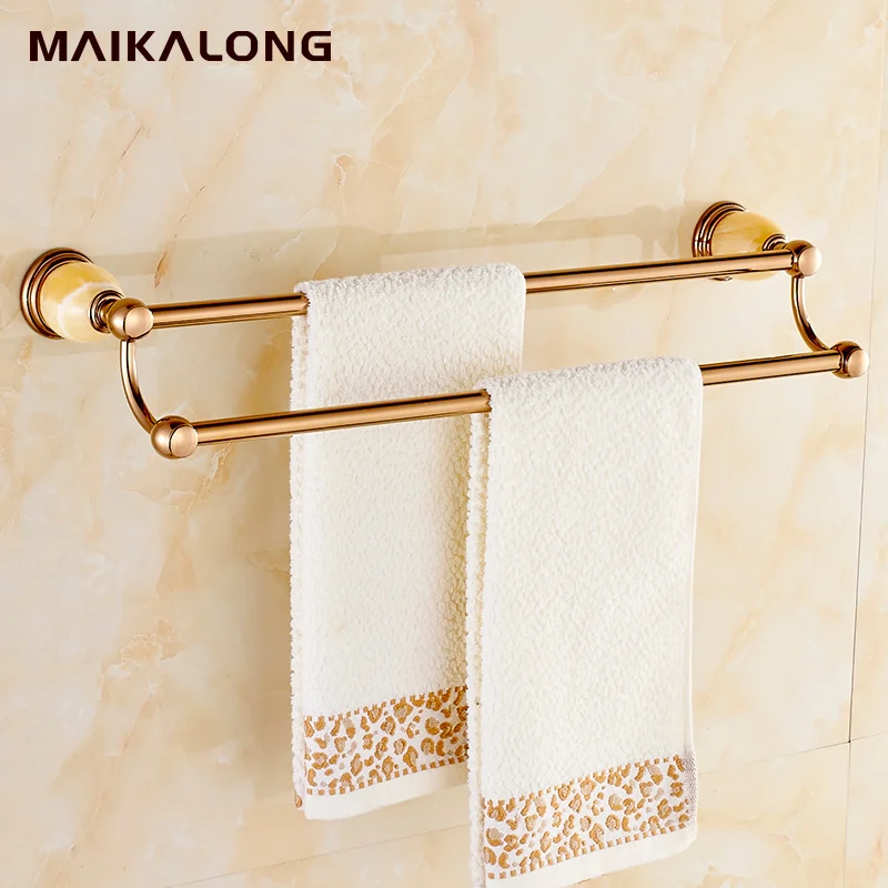 Bathroom Accessories Wall Mounted Jade Golden Brass double Towel Bar