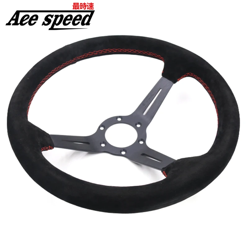 

13.5 inch Steering wheel black suede leather and iron frame Red stitching deep 90mm racing game steering wheel with Horn button