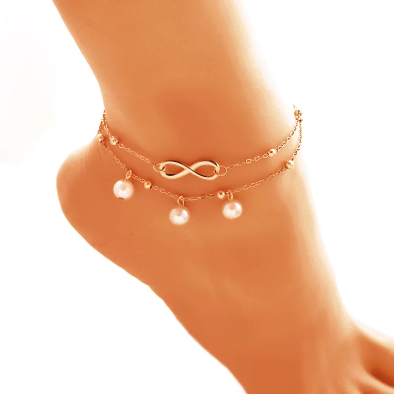 

ZOEBER BOHO Letter Infinity Love Anklet & Bracelet Imitation Pearl Multilayer Chain Ankle Braclet for Women Summer Beach Jewelry