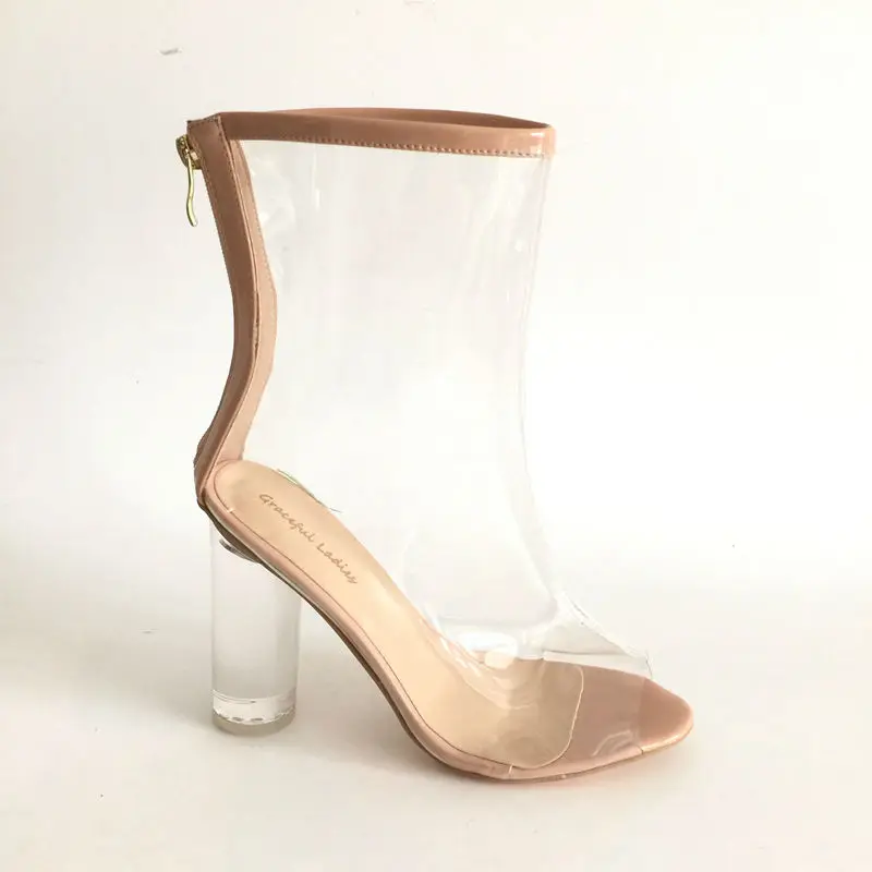 

Transparent Boots Women Nude Patent Leather Ankle Boots for Women Boots Clear Round Heel Peep Toe 2017 Back Zipper Shoes