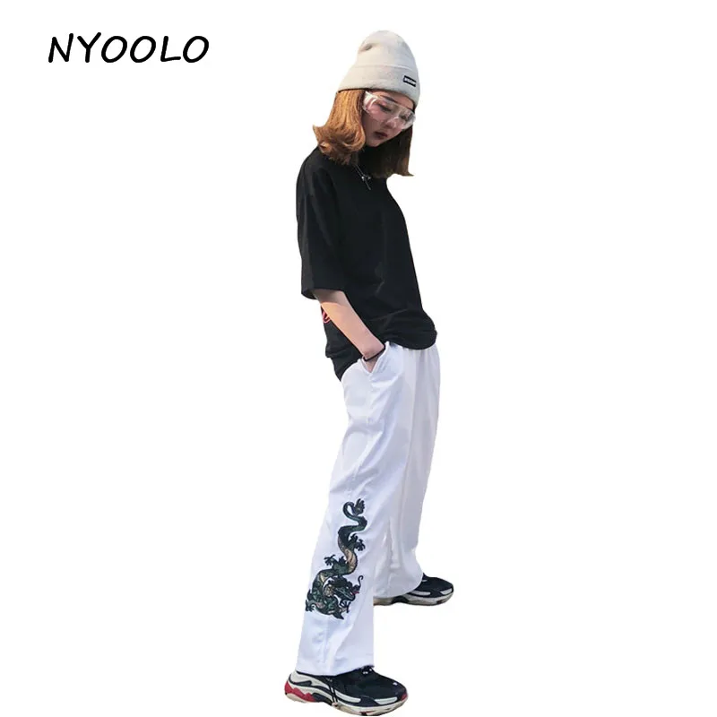 NYOOLO, винтажная уличная одежда, приталенные штаны с вышивкой дракона, однотонные, с эластичной резинкой на талии, длинные штаны для мужчин и женщин