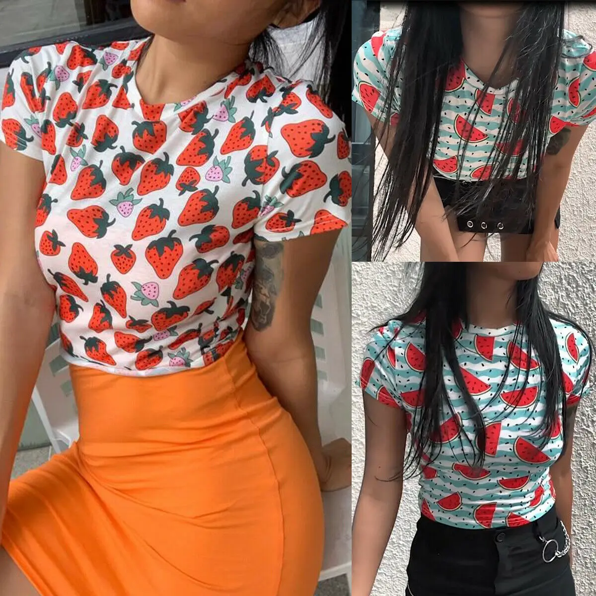 

Sweet Cute Sexy FashionT-Shirts Women Girls Summer T-Shirts Casual Top Watermelon Strawberry Print Tee Tops