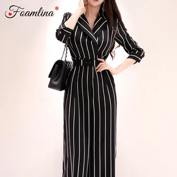 

Foamlina Office Ladies Notched Collar 3/4 Sleeve Striped Print Long Jumpsuit 2019 Fashion Women Belted Wide Leg Office Jumpsuit