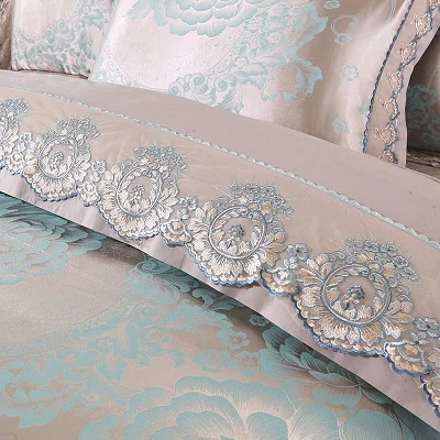 White Silver Color Jacquard Luxury Bedding sets 4/6 Pcs Queen/King size lace cotton Stain Bed set Bed linen Duvet cover pillow 39
