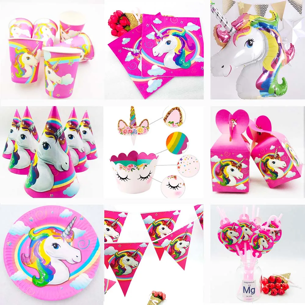 

Unicorn Party Supplies Balloon topper Loot bag Flag plates napkin cups Candy Popcorn box blowout birthday party decorations kids