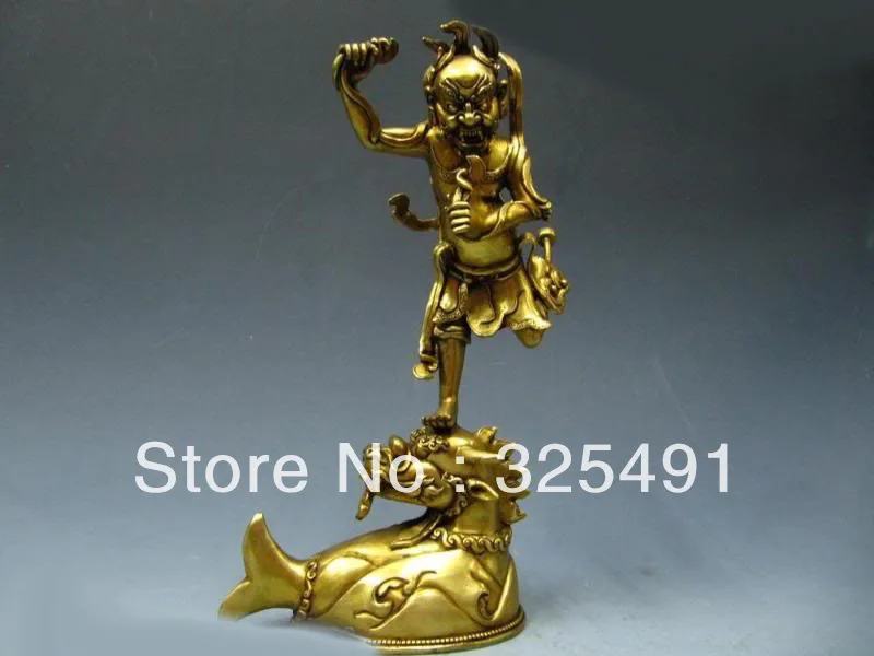 

13 INCH Chinese myth Vintage Pure Bronze Gild Xing Kui God Statue on Dragon Fish z