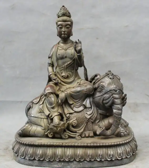

S6770 12" Chinese Pure Bronze Copper Buddhist Kwan-yin QuanYin Ride Elephant Statue D0318