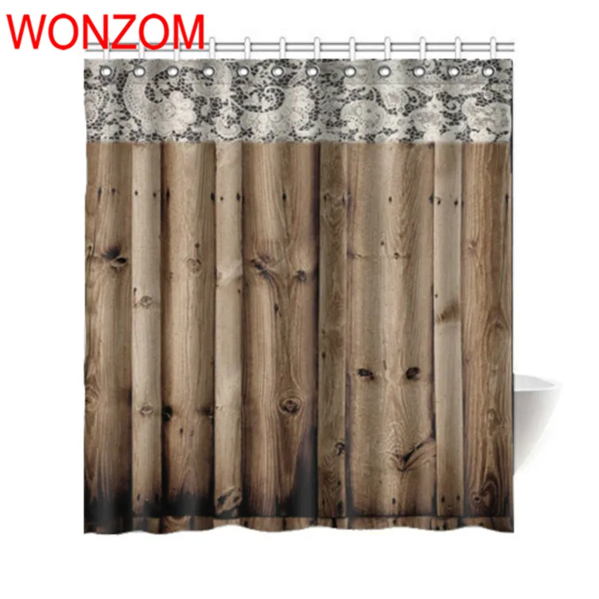 

WONZOM 3D Polyester Fabric Lace Wood Door Shower Curtains with 12 Hooks For Bathroom Decor Modern Bath Waterproof Curtain Gift