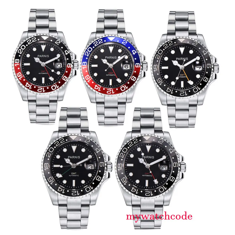 40 مللي متر Parnis ساعات آلية أسود أحمر السيراميك مدي أسود الهاتفي بتوقيت جرينتش مضيئة علامات الياقوت زجاج التلقائي الرجال ووتش