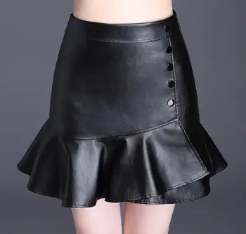 

2018 women's autumn and winter wash PU leather slimming skirt fashion slim trumpet skirt