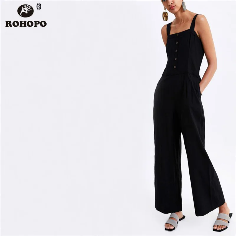 

ROHOPO Women Jumsuit Top Button Fly Flare Black Jumpsuit Strap Vogue Sleeveless Ladies High Waist Overall Mono #TW7113