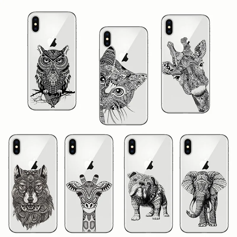

Lovely Totem Animal Elephant Owl Giraffe Cat Pattern Design Soft Silicone Phone Cases Cover for Iphone XS 5S XR X 7 8 Plus 6 6S