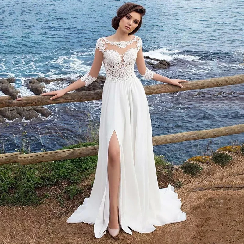 Лори пляжные свадебное платье с рукавами овальным вырезом шифоновые Кружевные Аппликации принцессы трапециевидной формы свадебное