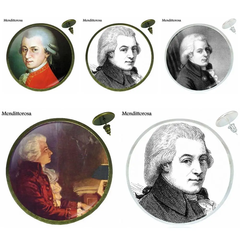 

For Unisex Wolfgang Mozart Composer Vintage Jewelry With Plated Glass Cabochon Bronze/Silver/Golden Clip Ear Hook Stud Earring