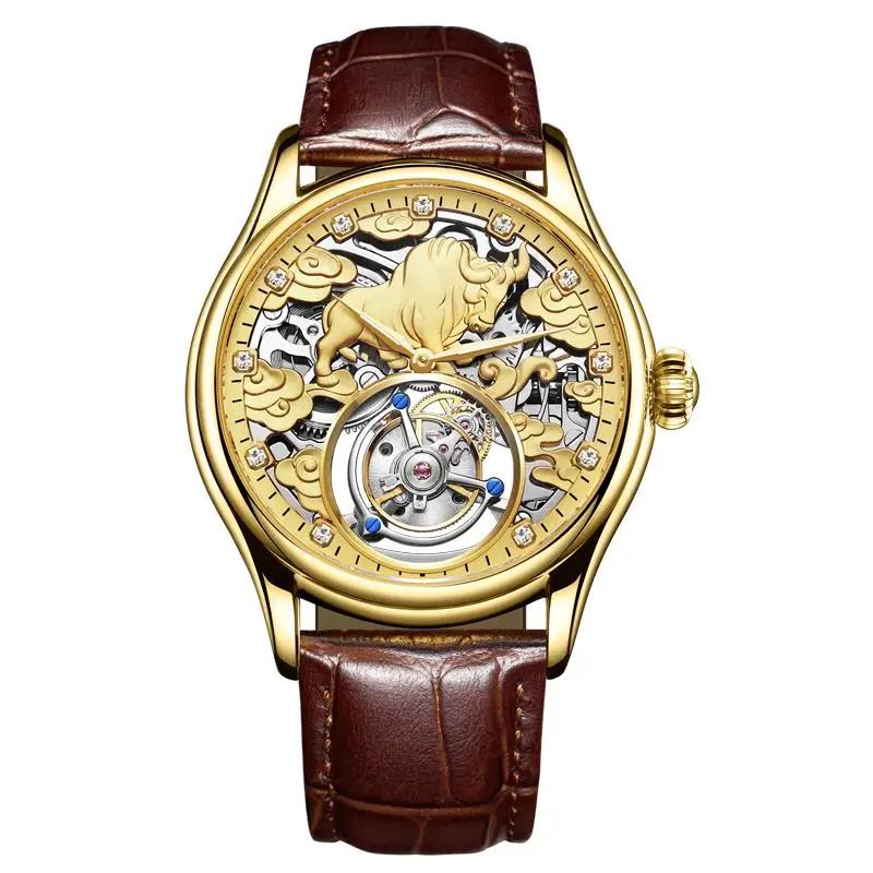 

Switzerland Real Tourbillon Fashion hollow leather belt waterproof men's watch mechanical watch Chinese Cattle gold