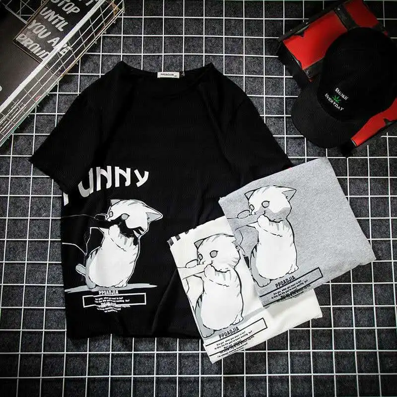 

Harajuku Japan Funny Cat Man Tshirt Soft Polyester Black/White/Grey Color Men Animal Tee Shirts Tops