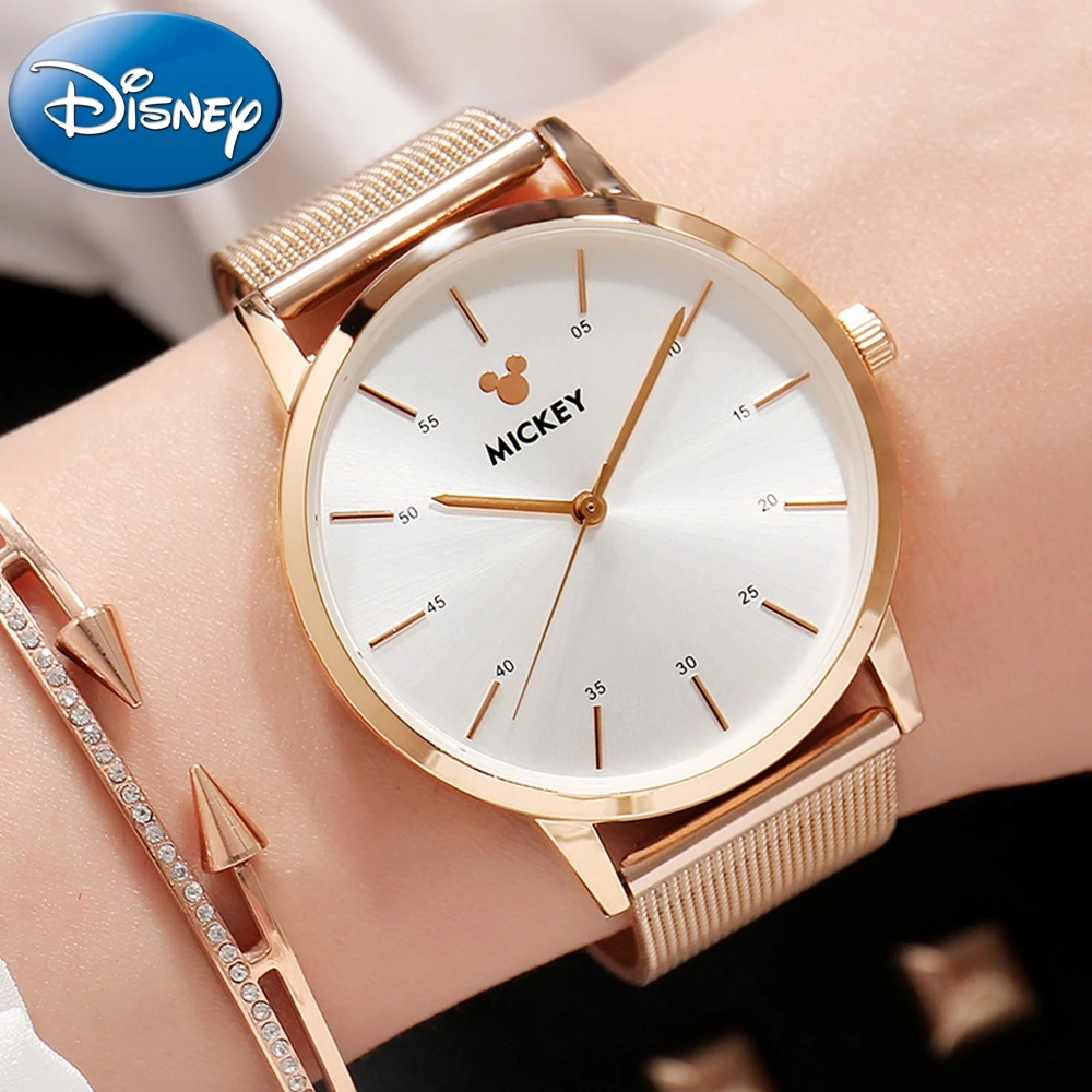 Дисней ДАМЫ розовое золото водонепроницаемый полный стальной круглый простой моды часы «Микки» Девушка роскошный лучший подарок высокое качество