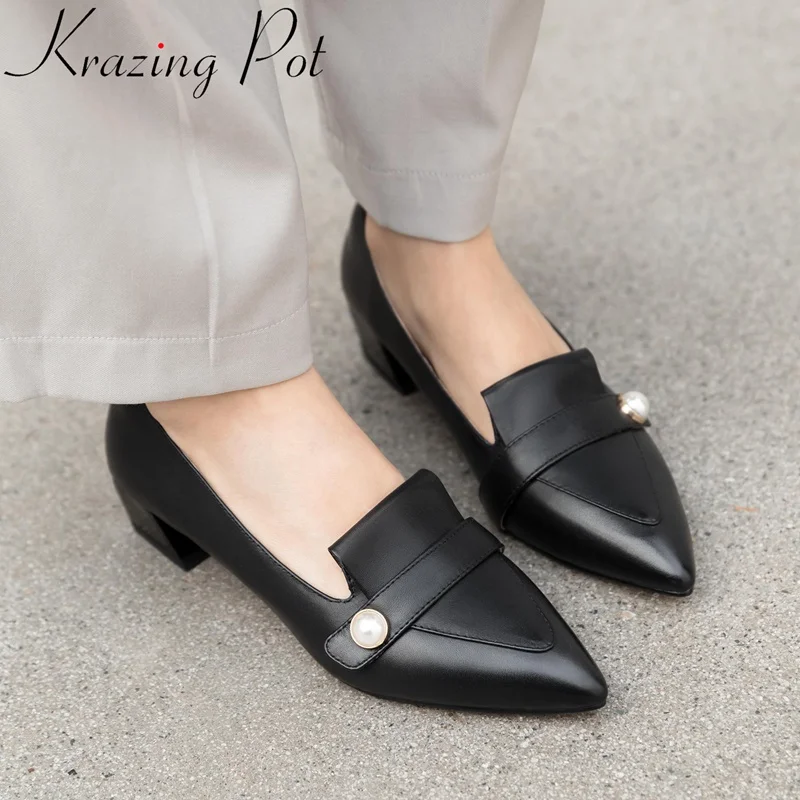 

Krazing Pot 2019 superstar genuine leather med heels slip on pointed toe women pumps pearl shallow office lady spring shoes L66