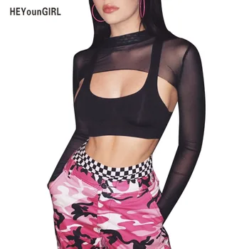 

HEYounGIRL Transparent Sexy Cropped Tops Summer See Though Mesh Womens T Shirt Long Sleeve Nylon Smock Tops Tees Patry Clubwear