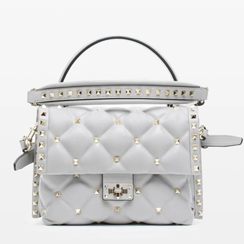 

NEW Fashion Women Genuine Leather Shoulder Bag Gold Rivets Panelled Flap Rivets Straps Handbag 24cm 7Color Sac A Main