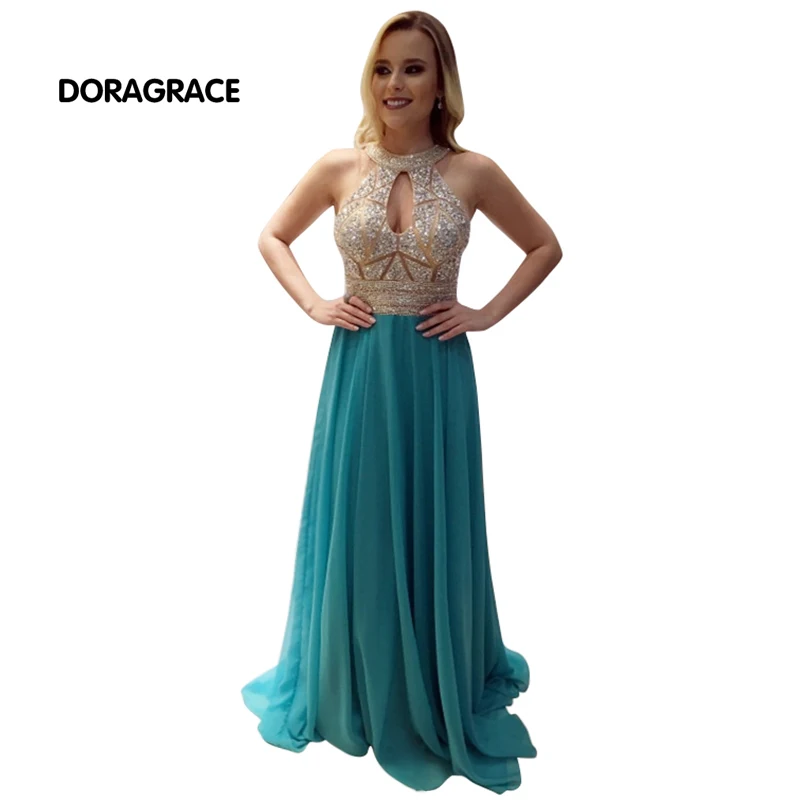 

Glamorous Halter Sleeveless Open Back Floor-Length Chiffon Evening Dresses Beaded Prom Gowns DGE016