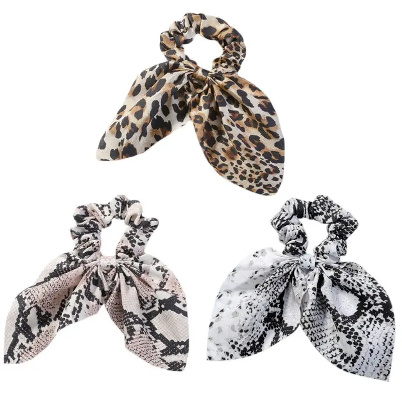 

Korean Vintage Snakeskin Leopard Hair Rope Womens Cute Pointed Rabbit Ears Bowknot Ponytail Holder Chiffon Decorative Scrunchies