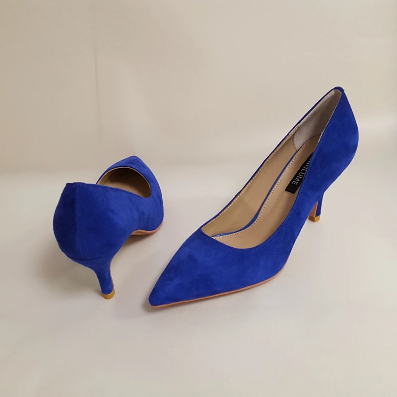 SANLUME/синие замшевые женские модные туфли-лодочки на высоком каблуке из натуральной кожи леди офисная обувь на каблуках внутри из овечьей кожи с острым носком
