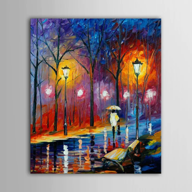 

Modern Large Size Hand Painted Knife Oil Painting Landscape Night Srteet View Canvas Living Room Wall Decor Painting No Frame