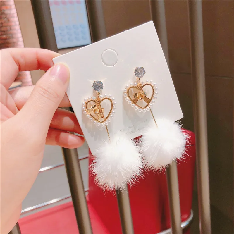 

Korean Japan Hair Ball Zircon Pearl Heart Sweet Autumn Fall Winter Women Dangle Drop Earrings Fashion Jewelry-QQD5