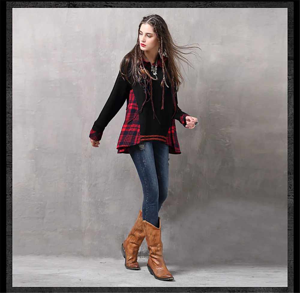 Vintage Patchwork Fake 2 Piece Women Blouse Knitted Plaid Long Sleeve Turn-down Collar Shirt Blouse For women Winter Top  (9)