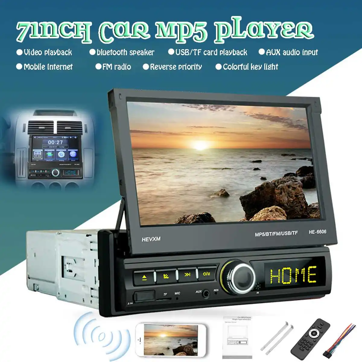 

1 DIN 7Inch Car Stereo Radio Screen MP5 Player bluetooth FM In Dash Hands-Free Calls Remote Control USB AUX TF