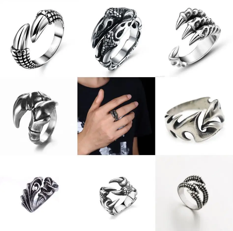 

Men's Vintage Retro Punk Ring Stainless Steel Black Silver Adjustable Claw Ring