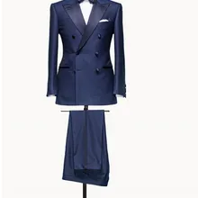 Двубортные Женихи Угловые атласные с отворотом смокинги жениха темно-синий мужской костюм для шафера(куртка+ брюки+ галстук+ платок) B836