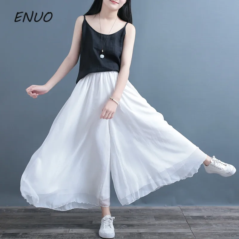 

2019 Ethnic Women Clothing Han Hemp Wide Leg Pants Chiffon Double Layer Ultra thin Cotton Linen Solid Color Summer Cold Pants