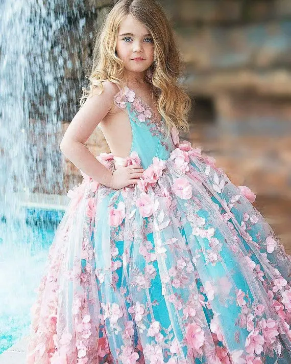 Розовый Арабский платье с цветочным узором для девочек на свадьбу бальное платье 3D с цветочным узором кружевное нижнее белье для девочек; платье для причастия
